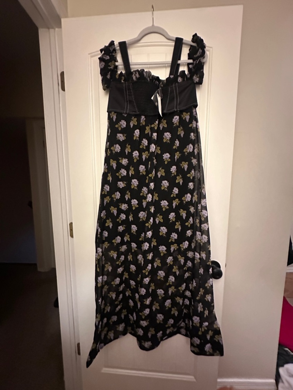 Anthropologie Black Floral Maxi Dress with Puff Straps size Small NWT